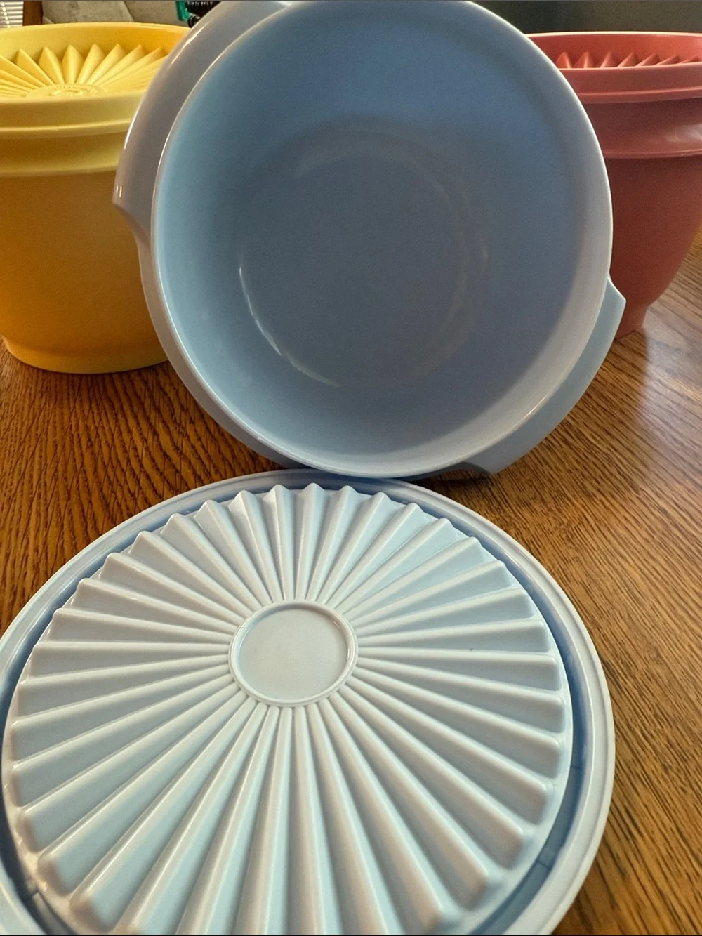 Tupperware Yellow, Blue and Pink 80s Pastel Plastic Food Container & Lids
